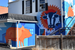 Colorful mural depicting farm animals and produce behind the 113 N. Churton Street Building.