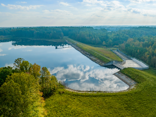 An overhead shot of the West Fork Eno Reservoir by Schnabel Engineering