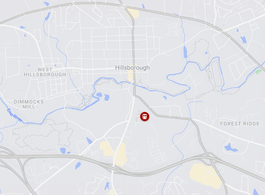 A map of Hillsborough with a red dot between U.S. 70-A and Gold Hill Way.